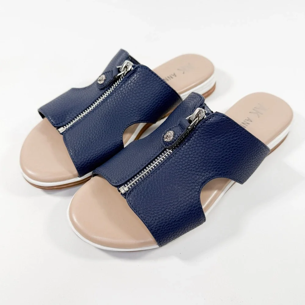 Anne Klein Women's Sandals iFlex Navy Blue‎ Zip Front Slide Shoes Size 7M